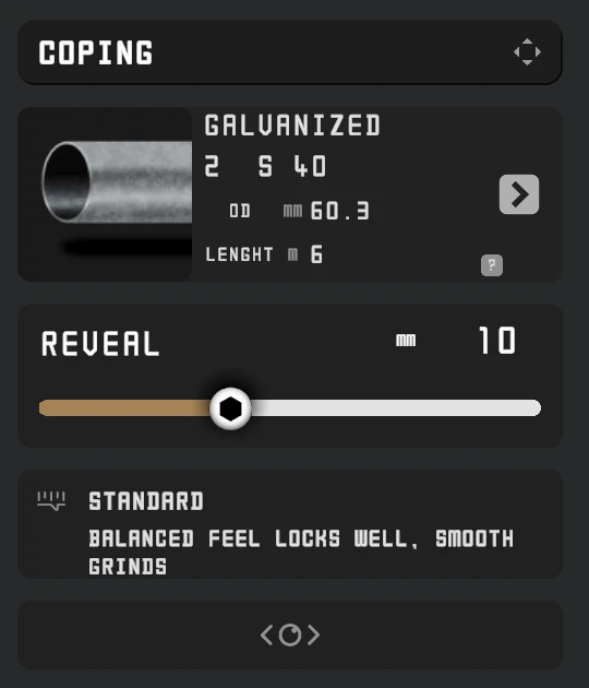 Coping panel with reveal slider and support stud note
