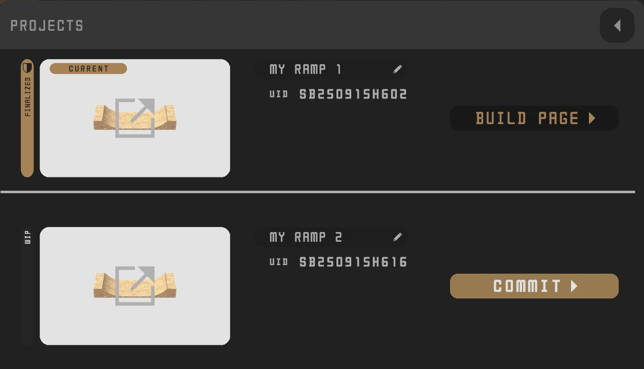 Project rows with status badge, name, UID, and action buttons
