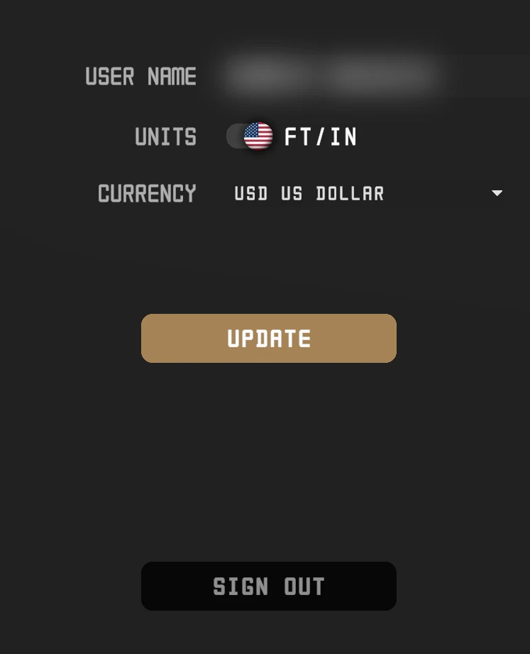 Settings panel showing User name, Units, Currency, Update, and Sign out