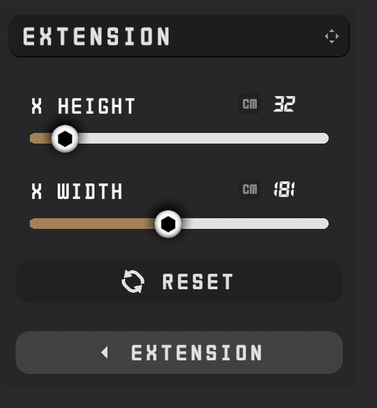 Extension controls for X height, X width, reset, and exit