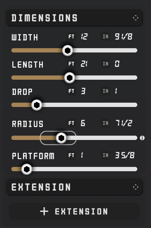 Shape panel with width, length, drop, radius, platform, and extension controls